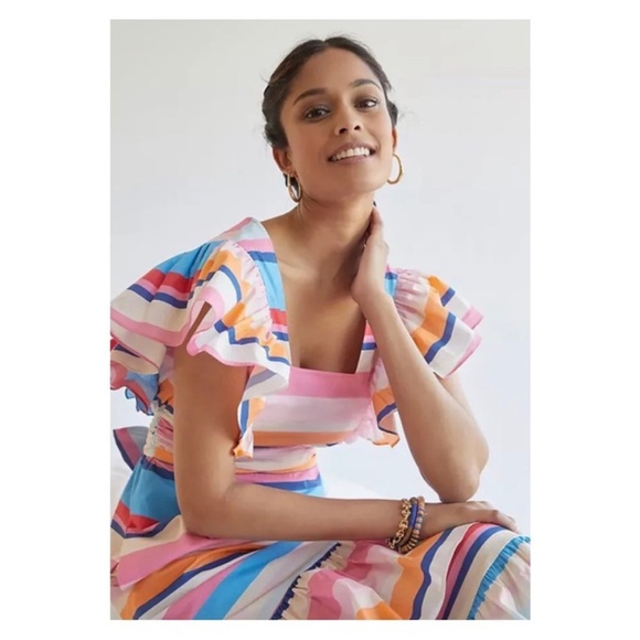 PLENTY BY TRACY REESE Anthropologie Rainbow Striped Ruffle Midi Maxi Dress XS - Picture 3 of 14